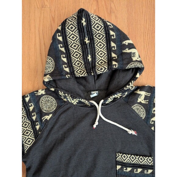 Ecuador Aztec Hoodie Pullover Wool Blend Blue Footed Design Handmade Alpaca L - Picture 4 of 12